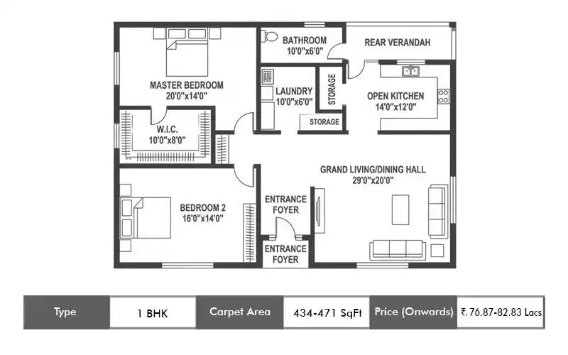 Southfield Full Marks Homes 1 BHK floor plan, 434 sq ft carpet area